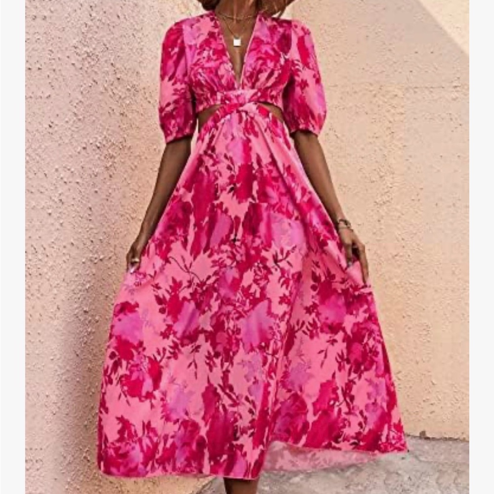 Elegant Pink and Red Floral Maxi Dress, Small, with Puffy Sleeves and Back Tie